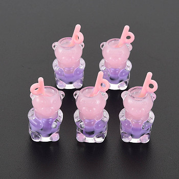 Resin Pendants, with Polymer Clay inside, Imitation Bubble Tea/Boba Milk Tea, with Acrylic Cup, Bear, Pink, 27.5~29.5x14x13mm, Hole: 1.8mm