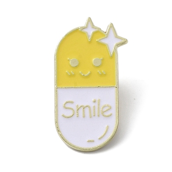 Alloy Smile Pill Shape Brooch, Enamel Pins for Backpack, Clothes, Yellow, 29.5x26x1.5mm