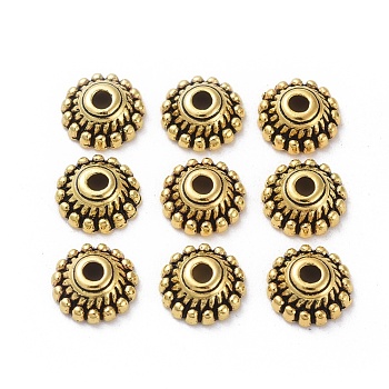 Tibetan  Style Metal Caps, Antique Golden, Lead Free & Nickel Free & Cadmium Free, 8mm in diameter, 3mm thick, hole: 2mm, Inner Diameter: 5mm