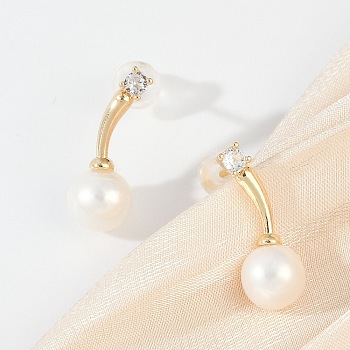 Round Brass Clear Cubic Zirconia Stud Earrings, with Imitation Pearl, Real 14K Gold Plated, 17.5x7mm