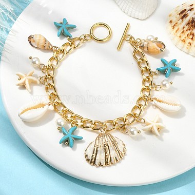 Natural Shell & Shell Pearl & Synthetic Turquoise Starfish Charm Bracelet(BJEW-TA00352)-4