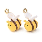 Alloy Enamel Pendants, Bees Charms, Golden, White, 13x12x11mm, Hole: 1.2mm(ENAM-F162-02B-04)