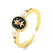 Natural Pearl Flower Open Cuff Ring, Brass Enamel Finger Ring with Cubic Zirconia, Real 14K Gold Plated, US Size 7 1/2(17.7mm)(RJEW-H220-27G)