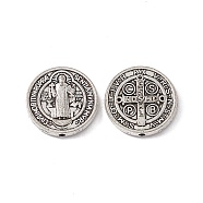 Tibetan Style Alloy Beads, Flat Round with Priest & Cross Pattern, Antique Silver, 14.5x2.5mm, Hole: 1.2mm(FIND-G042-01AS)