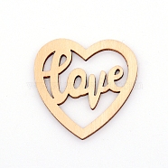 Natural Wood Cabochons, Undyed, Laser Cut, Heart with Word Love, BurlyWood, 36x36x2mm, 15pcs/set(WOOD-WH0104-80)