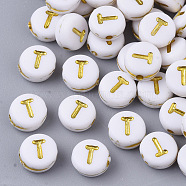 Plating Acrylic Beads, Golden Metal Enlaced, Horizontal Hole, Flat Round with Alphabet, White, Letter.T, 7x3.5mm, Hole: 1.2mm, about 3600pcs/500g(PACR-R242-01T)