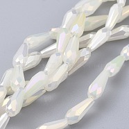 Electroplated Opaque Glass Beads Strands, Full Rainbow Plated, Faceted, Teardrop, White, 9~10x4mm, Hole: 0.8mm, about 70~72pcs/strand, 25.98 inch~27.95 inch(66~71cm)(EGLA-L015-FR-B11)