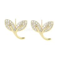 Brass Micro Pave Clear Cubic Zirconia Stud Earrings for Women, Real 18K Gold Plated, Leaf, 13x15mm(EJEW-S217-D07)