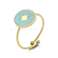 Flat Round with Star 304 Stainless Steel Enamel Ring, 316 Surgical Stainless Steel Open Cuff Ring for Women, Real 18K Gold Plated, Sky Blue, Adjustable(RJEW-A038-16G-02)
