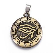 Tibetan Style Alloy Pendants, with Stainless Steel Findings, Flat Round with Egyptian Eye of Ra/Re, Antique Bronze & Stainless steel Color, 34.5x30x4mm, Hole: 4x9mm(X-PALLOY-E509-29AB)