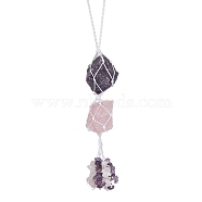 Nuggets Raw Natural Amethyst & Rose Quartz Pouch Pendant Decorations, Braided Nylon Thread and Gemstone Chip Tassel Car Hanging Ornaments, 243~250x30~39mm(HJEW-JM01926-01)