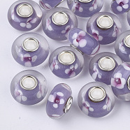 Handmade Lampwork European Beads, Inner Flower, Large Hole Beads, with Silver Color Plated Brass Single Cores, Rondelle, Medium Purple, 14x7.5mm, Hole: 4mm(X-LAMP-S193-004H)