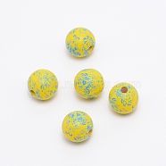 (Clearance Sale)Printed Natural Wood Beads, Round with Blue Flower Pattern, Yellow, 15~16mm, Hole: 3.6~4.2mm(WOOD-TAC0007-60C)