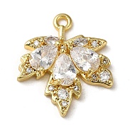 Brass Micro Pave Cubic Zirconia Pendants, with K9 Glass, Maple Leaf Charm, Golden, Clear, 19.5x17x4mm, Hole: 1.5mm(KK-F865-06G-01)