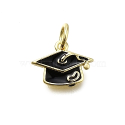 Brass Enamel Charms, with Jump Ring, Graduation Cap Charm, Long-Lasting Plated, Lead Free & Cadmium Free, Rack Plating, Real 18K Gold Plated, Black, 8.5x11.5x1.5mm, Hole: 3mm(KK-K400-30G)