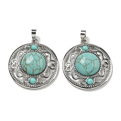 Synthetic Green Turquoise Pendants, Rack Plating Brass Hollow Flat Round Charms, Cadmium Free & Lead Free, Platinum, 36.5x33x9.5mm, Hole: 7.5x5mm(G-Q158-03T)