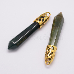 Natural Moss Agate Big Pointed Pendants, with Alloy Findings, Bullet, Golden, 57~63x13x10mm, Hole: 3x4mm(G-D860-C23-G)