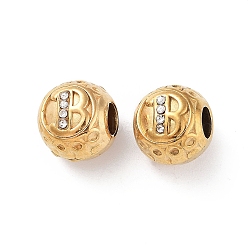 304 Stainless Steel Rhinestone European Beads, Round Large Hole Beads, Real 18K Gold Plated, Round with Letter, Letter B, 11x10mm, Hole: 4mm(STAS-A092-10B-G)