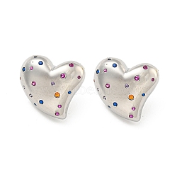 Rack Plating Brass Micro Pave Cubic Zirconia Stud Earring, Cadmium Free & Lead Free, Long-Lasting Plated, Heart, Colorful, Platinum, 19x21mm(EJEW-C102-08P-02)