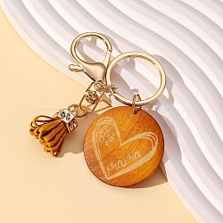 Wood Tassel Pendant Keychain, Flat Round Heart, Sandy Brown, 110x40mm(PW-WGB64D8-01)