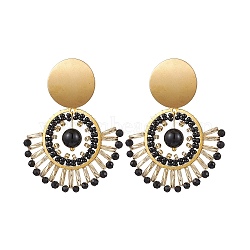 Boho Natural Black Onyx Ear Studs, with Glass Seed Beads and 304 Stainless Steel Stud Earring Findings, Fan, Golden, 55x42mm(EJEW-MZ00239)