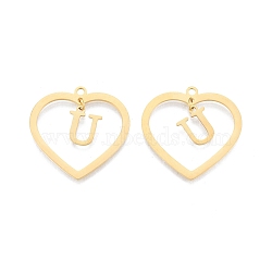 201 Stainless Steel Pendants, Hollow, Heart with Letter A~Z, Real 18K Gold Plated, Letter.U, 29x29.5x1mm, Hole: 2mm, A~Z: 12x8~10.5x1mm(STAS-N090-LA894-U-G)