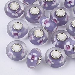 Handmade Lampwork European Beads, Inner Flower, Large Hole Beads, with Platinum Color Brass Single Cores, Rondelle, Medium Purple, 14x7.5mm, Hole: 4mm(X-LAMP-S193-004H)