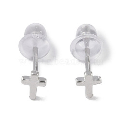 Rhodium Plated Cross 999 Sterling Silver Stud Earrings for Women, with 999 Stamp, Platinum, 5.5x4mm(EJEW-S215-23P)