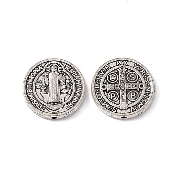Tibetan Style Alloy Beads, Flat Round with Priest & Cross Pattern, Antique Silver, 14.5x2.5mm, Hole: 1.2mm
