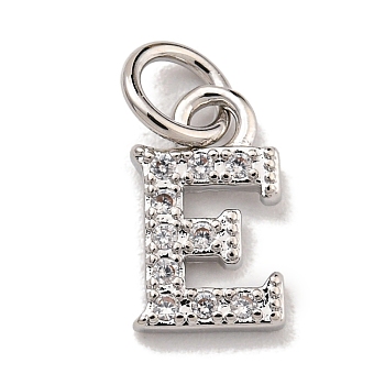 Initial Letter Brass with Cubic Zirconia Charms, Platinum, Long-Lasting Plated, Lead Free & Cadmium Free, Letter E, 10x6x1.5mm, ring: 5x1mm, inner diameter: 3mm