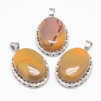 Natural Mookaite Pendants, with Brass Findings, Oval, Platinum, 30x21x10~11mm, Hole: 6x4mm