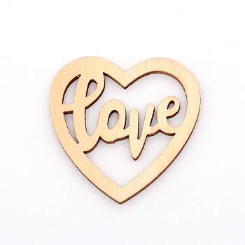 Natural Wood Cabochons, Undyed, Laser Cut, Heart with Word Love, BurlyWood, 36x36x2mm, 15pcs/set
