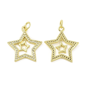 Brass Micro Pave Cubic Zirconia Pendants, with Jump Ring, Star Charm, Golden, 20.7x19x1.8mm, Hole: 2.5mm