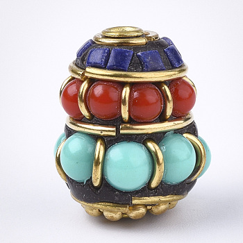 Handmade Indonesia Beads, with Brass Findings, Cone, Golden, Colorful, 17.5x14.5mm, Hole: 2mm