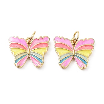 Rack Plating Brass Enamel Charms, with Jump Ring, Lead Free & Cadmium Free, Long-Lasting Plated, Butterfly Charm, Real 18K Gold Plated, 13x15x2mm, Hole: 3.5mm