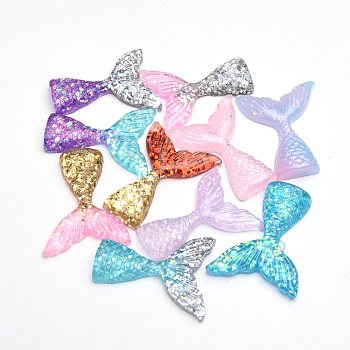 Resin Cabochons, with Glitter Powder, Mermaid Tail Shaped, Mixed Color, 41~45x33x7mm