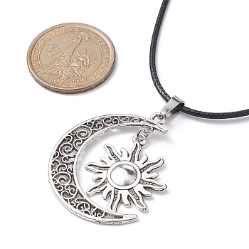 Tibetan Style Alloy Moon & Sun Pendant Necklace with Waxed Cords, Antique Silver, 17.72 inch(45cm)