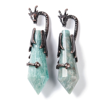 Natural Amazonite Faceted Pointed Bullet Big Pendants, Rack Plating Brass Dragon Charms, Lead Free & Cadmium Free, Red Copper, 73.5~78.5x15.5~16.5x15.5~16.5mm, Hole: 4x2.5mm