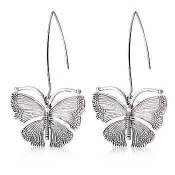 Butterfly Alloy Dangle Earrings for Women, Antique Silver, 65x38.7mm