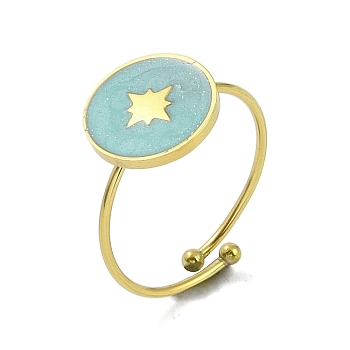 Flat Round with Star 304 Stainless Steel Enamel Ring, 316 Surgical Stainless Steel Open Cuff Ring for Women, Real 18K Gold Plated, Sky Blue, Adjustable