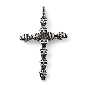 304 Stainless Steel Big Pendants, with 201 Stainless Steel Snap on Bails, Skull Cross Charm, Antique Silver, 52x32.5x6.5mm, Hole: 4.6x3.5mm