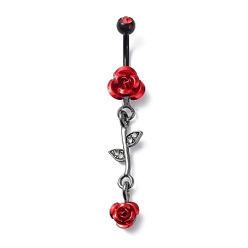 Hyacinth Rhinestone Charm Dangle Belly Rings, Alloy Belly Ring with 304 Stainless Steel with Pins for Women, Flower, 54x9.5mm