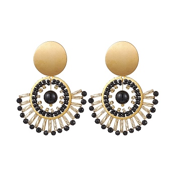 Boho Natural Black Onyx Ear Studs, with Glass Seed Beads and 304 Stainless Steel Stud Earring Findings, Fan, Golden, 55x42mm