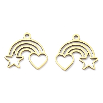 Ion Plating(IP) 316L Surgical Stainless Steel Pendants, Laser Cut, Rainbow with Heart & Star Charm, Real 18K Gold Plated, 13.5x15x1mm, Hole: 1.4mm