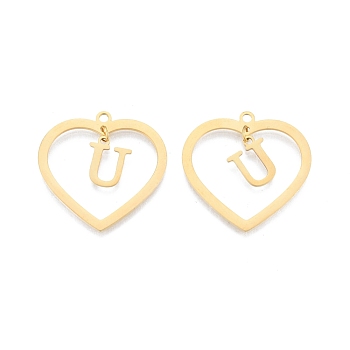 201 Stainless Steel Pendants, Hollow, Heart with Letter A~Z, Real 18K Gold Plated, Letter.U, 29x29.5x1mm, Hole: 2mm, A~Z: 12x8~10.5x1mm