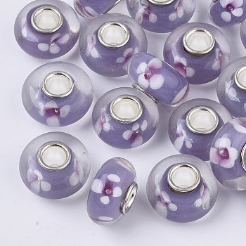 Handmade Lampwork European Beads, Inner Flower, Large Hole Beads, with Silver Color Plated Brass Single Cores, Rondelle, Medium Purple, 14x7.5mm, Hole: 4mm