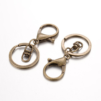 Iron Split Key Rings Keychain Clasp Findings, with Alloy Lobster Claw Clasps and Swivel Clasps, Nickel Free, Antique Bronze, 66mm