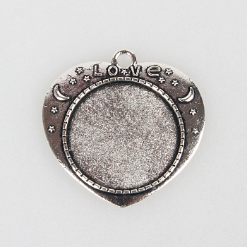Tibetan Style Alloy Pendant Cabochon Settings, Cadmium Free & Lead Free, Heart with Word Love, For Valentine's Day, Antique Silver, Flat Round Tray: 25mm, 37x36x2mm, Hole: 3mm, about 170pcs/kg