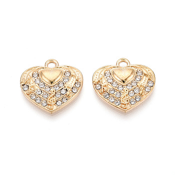 Alloy Rhinestone Pendants, Heart with Musical Note Charms, Light Gold, 17.5x18x3mm, Hole: 1.8mm