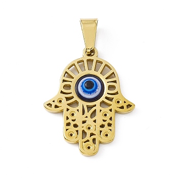 Vacuum Plating 304 Stainless Steel Pendants, Hamsa Hand/Hand of Miriam Charms with Resin Blue Evil Eye, Religion, Golden, 25x20x3.5mm, Hole: 7x4mm